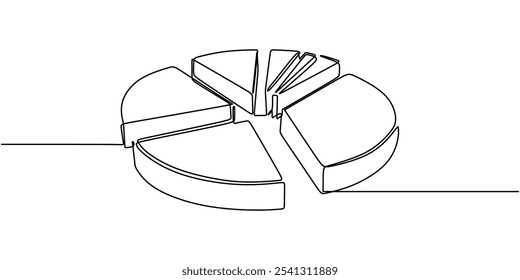 Gráfico de pizza ou gráfico dividido em vários segmentos ilustrados em um desenho contínuo de uma linha. Conceito de trabalho e escritório. Design minimalista desenhado à mão.