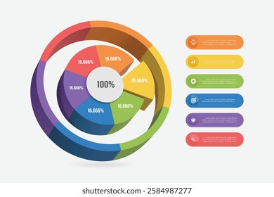 Pie chart is divided into six colors. 100% is divided into 6 equal parts, 16.666% each, for designing infographics about investments, profit sharing of organizations or companies, vector 3d isolated