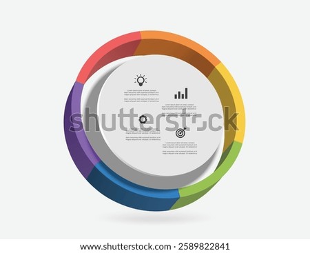 Pie chart is divided into six colors. 100% is divided into 6 equal parts, 16.666% each, for designing infographics about investments, profit sharing of organizations or companies, vector 3d isolated