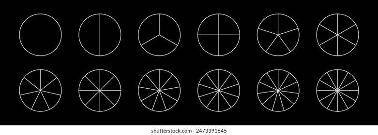 Pie chart divided in segments from 1 to 12 isolated on black background. Circle graph. Wheel with sections. Round graphic diagram cut in equal parts in outline style.