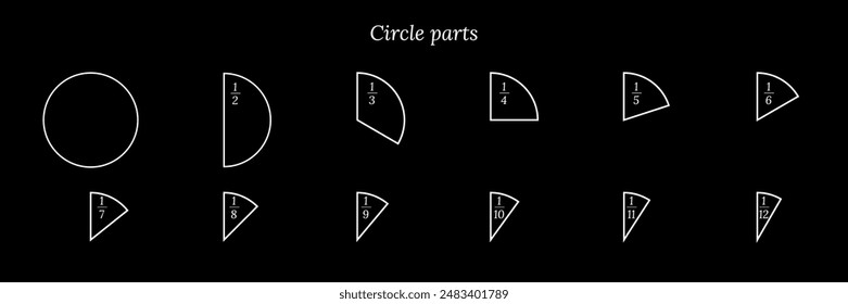 Pie chart divided in segments from 1 to 12. Pizza slices. Segments of circle pie isolated on black background. Round graphic equal parts in outline style.
