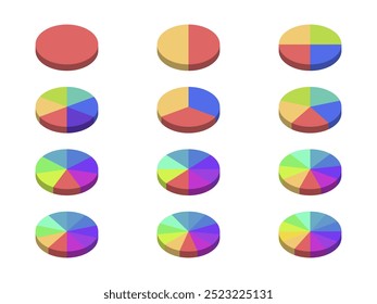 Gráfico de Pizza com segmentos divididos na Visualização 3d em várias cores no plano de fundo branco. Circule o gráfico de pizza em 1,2,3,4,5,6,7,8,9,10,11,12 seções ou segmentos. Usado para analisar dados.