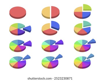 Pie chart with divided segments in 3d Visualization in multiple colors on white background. Circle pie chart in 1,2,3,4,5,6,7,8,9,10,11,12 sections or segments. Used for analyzing data.