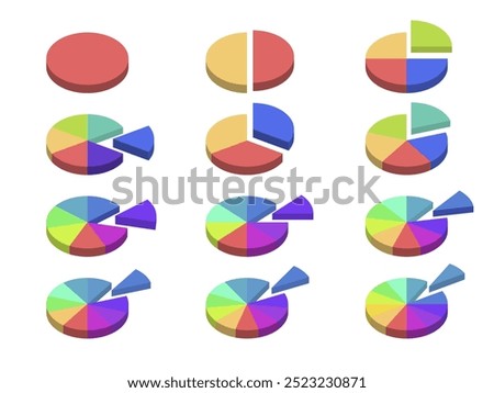 Pie chart with divided segments in 3d Visualization in multiple colors on white background. Circle pie chart in 1,2,3,4,5,6,7,8,9,10,11,12 sections or segments. Used for analyzing data.