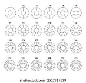 Pie chart with divided segments in Lineart style in donut style. Circle pie chart in 1, 2,3,4,5,6,7,8,9,10,11,12 to 24 sections or segments. Used for analyzing data.