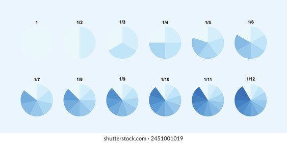 Pie chart with divided segments in Modern Glass morphism style Visualization in single color. Circle pie chart in 1, 2,3,4,5,6,7,8,9,10,11,12 sections or segments. Used for analyzing data.