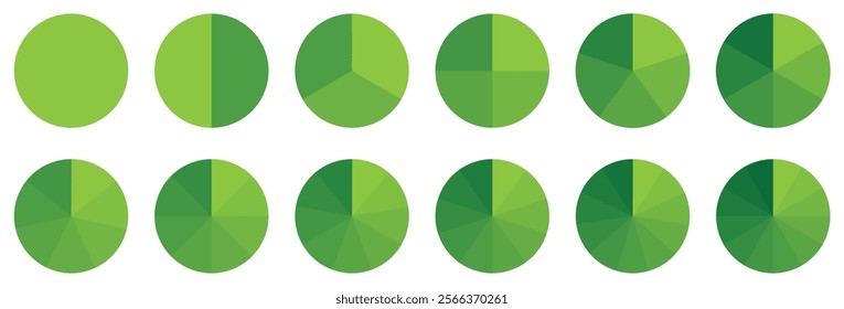 Pie chart with divided segments in multiple colors. Circle pie chart in 1, 2,3,4,5,6,7,8,9,10,11,12 sections or segments. Used for analyzing data. Green color pie chart set. 