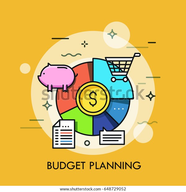 Pie chart with dollar coin in center\
divided into colorful sectors and surrounded by pig money box,\
shopping cart, paper document and speech bubble. Budget planning\
concept. Vector\
illustration.