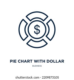pie chart with dollar icon from business collection. Thin linear pie chart with dollar, dollar, chart outline icon isolated on white background. Line vector pie chart with dollar sign, symbol for web 