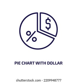 pie chart with dollar icon from business collection. Thin linear pie chart with dollar, dollar, bank outline icon isolated on white background. Line vector pie chart with dollar sign, symbol for web 