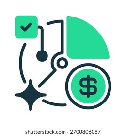 Pie Chart with Dollar Line Icon, Outline Symbol for Financial Breakdown, Expense Analysis, Revenue Distribution, Budget Management, and Profit Tracking. Vector Sign Icon.