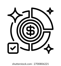 Tortendiagramm mit Symbol für Dollarposition, Gliederungssymbol für Finanzgliederung, Aufwandsanalyse, Umsatzaufteilung, Budgetverwaltung und Gewinnverfolgung. Vektorsymbol.