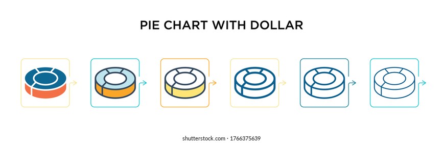 Pie chart with dollar vector icon in 6 different modern styles. Black, two colored pie chart with dollar icons designed in filled, outline, line and stroke style. Vector illustration can be used for 