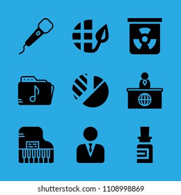 pie chart, ecology, manager, music folder, medicine, news reporter, chemical, piano and microphone vector icon. Simple icons set
