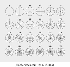 Pie chart with equal divided segments in Line art Style. Circle pie chart in 1, 2,3,4,5,6,7,8,9,10,11,12  to 24 equal sections or segments. Used for analyzing data.