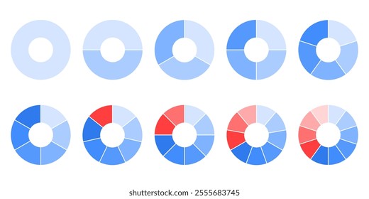 Pie chart with evenly divided sectors 1, 2, 3, 4, 5, 6, 7, 8, 9, 10 blue and red with hole in center. Vector visualization of statistical of database analysis, table, stock portfolio structure.