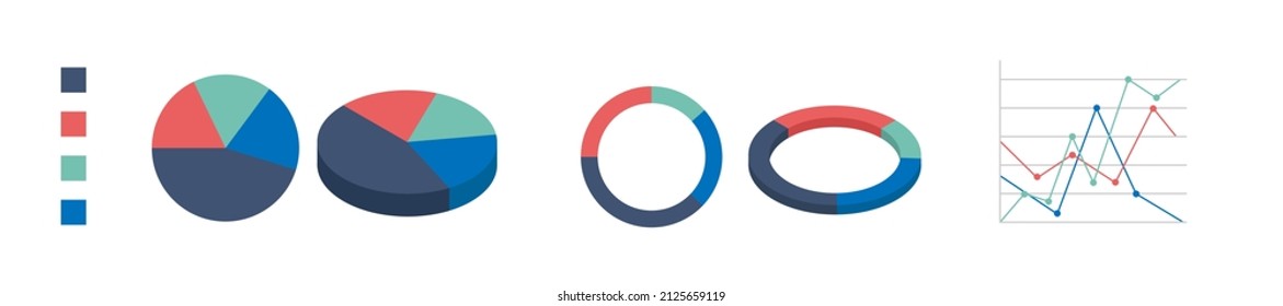 Pie Chart Examples And Line Graph Chart. Vector Isometric And Flat Illustration Isolated On White Background.