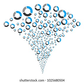 Pie Chart explosion fountain. Vector illustration style is flat iconic symbols. Object fountain organized from random design elements as pie chart fireworks.