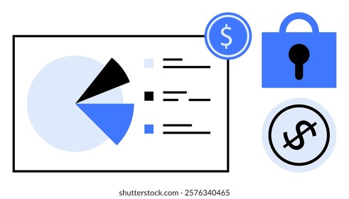 Pie chart with financial symbols and a security lock. Ideal for Financial Analysis, Data Visualization, Security, Business Planning, Information Systems. Modern, clean, minimal