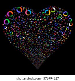 Pie Chart fireworks with heart shape. Vector illustration style is flat bright multicolored iconic symbols on a black background. Object stream constructed from random symbols.