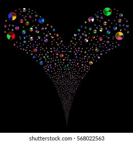 Pie Chart fireworks stream. Vector illustration style is flat bright multicolored iconic symbols on a black background. Object double fountain constructed from random icons.