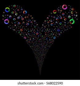 Pie Chart fireworks stream. Vector illustration style is flat bright multicolored iconic symbols on a black background. Object double fountain organized from random pictographs.