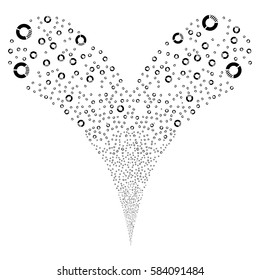 Pie Chart fireworks stream. Vector illustration style is flat black iconic symbols on a white background. Object double fountain combined from random symbols.