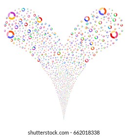 Pie Chart fireworks stream. Vector illustration style is flat bright multicolored iconic pie chart symbols on a white background. Object fountain combined from random design elements.
