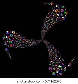 Pie Chart fireworks swirl rotation. Vector illustration style is flat bright multicolored iconic symbols on a black background. Object spiral constructed from random design elements.