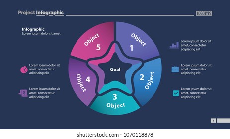 Pie chart with five parts. Business data. Diagram, infographic, design. Creative concept for infographic, template, presentation. Can be used for topics like management, marketing, analysis.