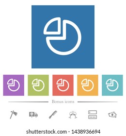 Pie chart flat white icons in square backgrounds. 6 bonus icons included.