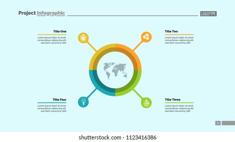 Pie chart with four elements. Infographic circle, option diagram, layout. Creative concept for infographics, presentation, project, report. Can be used for topics like business, management, planning.