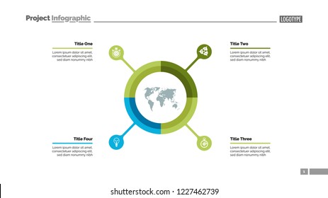 Pie chart with four elements. Infographic circle, option diagram, layout. Creative concept for infographics, presentation, project, report. Can be used for topics like business, management, planning.