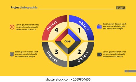 Pie chart with four parts template. Business data. Diagram, infographic, design. Creative concept for infographic, template, presentation. Can be used for topics like management, marketing, analysis. 