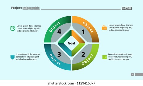 Pie chart with four parts template. Business data. Diagram, infographic, design. Creative concept for infographic, template, presentation. Can be used for topics like management, marketing, analysis. 