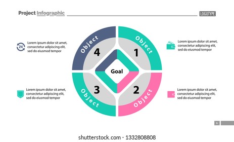 Pie chart with four parts template. Business data. Diagram, infographic, design. Creative concept for infographic, template, presentation. Can be used for topics like management, marketing, analysis. 