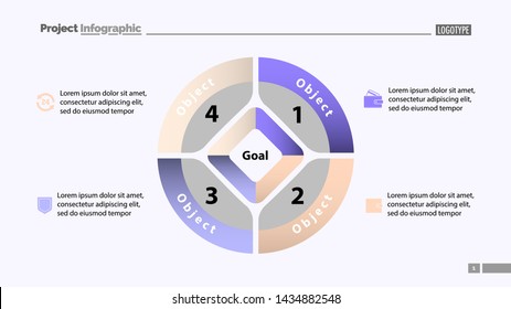Pie chart with four parts template. Business data. Diagram, infographic, design. Creative concept for infographic, template, presentation. Can be used for topics like management, marketing, analysis. 