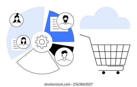 Pie chart with four user profiles next to a shopping cart and cloud icon Ideal for e-commerce user management cloud computing data analytics customer segmentation and digital marketing. Simple sleek