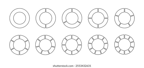 Pie Chart Fractions Geometry Mathematical Vector. Circle division. Unit Fraction. Ratio and parts. Ring or donut round diagram. Infographic wheel segment and fraction. Slices, pieces vector.