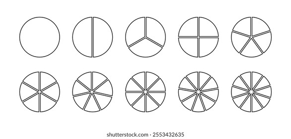 Pie Chart Fractions Geometry Mathematical Vector. Circle division. Unit Fraction. Ratio and parts. Ring or donut round diagram. Infographic wheel segment and fraction. Slices, pieces vector.