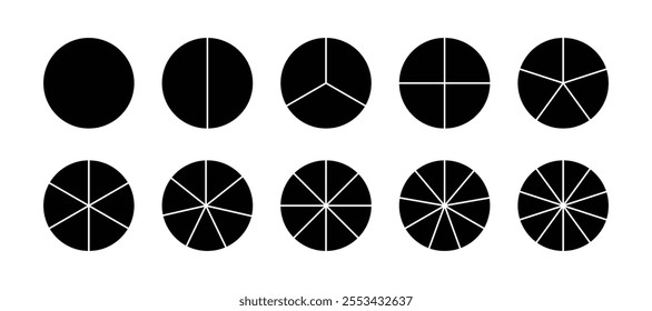 Pie Chart Fractions Geometry Mathematical Vector. Circle division. Unit Fraction. Ratio and parts. Ring or donut round diagram. Infographic wheel segment and fraction. Slices, pieces vector.