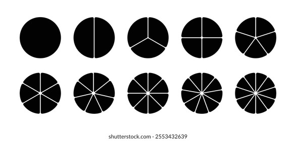 Pie Chart Fractions Geometry Mathematical Vector. Circle division. Unit Fraction. Ratio and parts. Ring or donut round diagram. Infographic wheel segment and fraction. Slices, pieces vector.