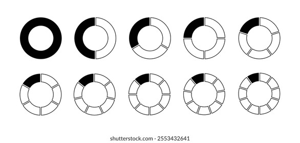 Pie Chart Fractions Geometry Mathematical Vector. Circle division. Unit Fraction. Ratio and parts. Ring or donut round diagram. Infographic wheel segment and fraction. Slices, pieces vector.