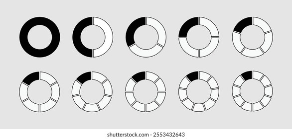 Pie Chart Fractions Geometry Mathematical Vector. Circle division. Unit Fraction. Ratio and parts. Ring or donut round diagram. Infographic wheel segment and fraction. Slices, pieces vector.