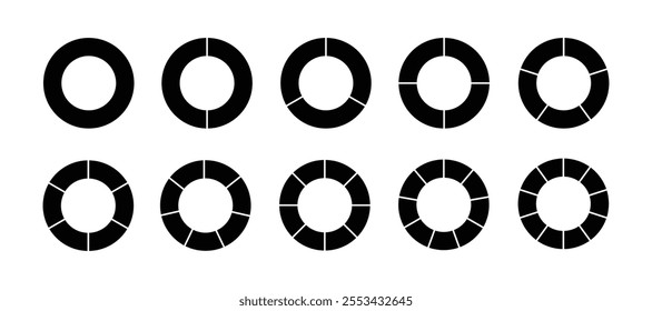 Pie Chart Fractions Geometry Mathematical Vector. Circle division. Unit Fraction. Ratio and parts. Ring or donut round diagram. Infographic wheel segment and fraction. Slices, pieces vector.