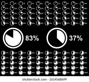 Pie chart full set, circle percentage diagram collection, loading circle icon, white isolated on black background, vector illustration.