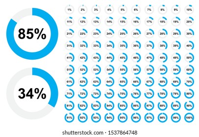 Pie chart full set, ring percentage diagram collection, loading circle icon, blue isolated on white background, vector illustration.