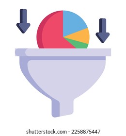 Pie chart with funnel, flat icon of data filtering 