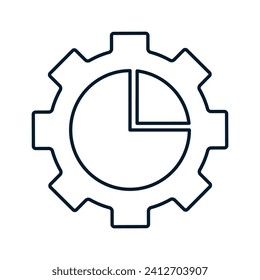 Pie chart and gear. Concept of a stage of the production process. Vector linear icon isolated on white background.