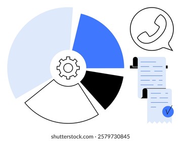 Pie chart with gear icon in center, phone symbol in speech bubble, and report scroll. Ideal for business strategies, data analysis, communication, financial reports, management. Simple flat style